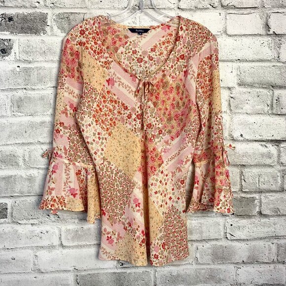 Vintage Y2K Reitmans Sheer Floral Bell Sleeve Boho Blouse Tunic Top - Picture 2 of 14